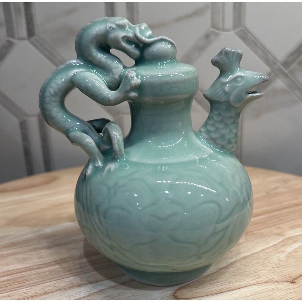 Cadogan VTG Celadon Dragon Teapot Phoenix China Pottery Green Asian Decor 5’’ T